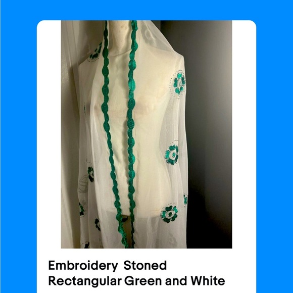 Embroidery  Stoned Rectangular Green and White Islamic veil - Picture 2 of 3